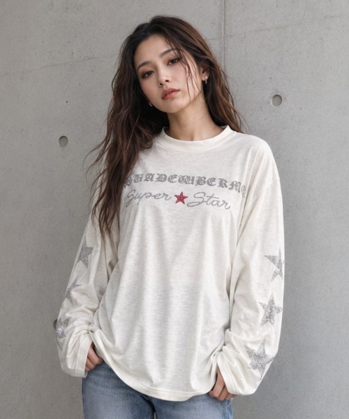 center i(センターアイ)の「ラインストーンスター グラフィックロンT(Tシャツ/カットソー・レディース・ホワイト/ブラック・FREE)」の3枚目の写真