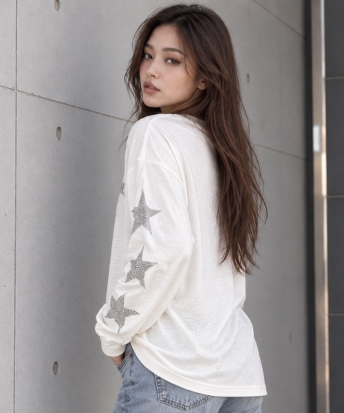center i(センターアイ)の「ラインストーンスター グラフィックロンT(Tシャツ/カットソー・レディース・ホワイト/ブラック・FREE)」の5枚目の写真