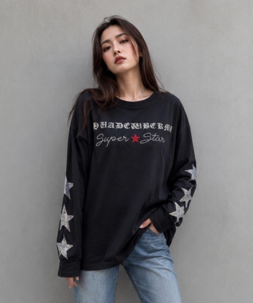 center i(センターアイ)の「ラインストーンスター グラフィックロンT(Tシャツ/カットソー・レディース・ホワイト/ブラック・FREE)」の7枚目の写真
