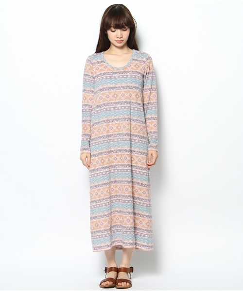 チチカカ（チチカカ）の「スクエアボーダーロングワンピース（ワンピース・レディース・グリーン/ベージュ/ピンク・FREE/MEDIUM/M2）」の4枚目の写真