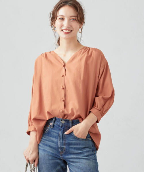 green label relaxing(グリーンレーベルリラクシング)の「CFC ボイル タックスリーブ ブラウス(シャツ/ブラウス・レディース・ダークグリーン/ピンク/ベージュ・FREE)」の1枚目の写真