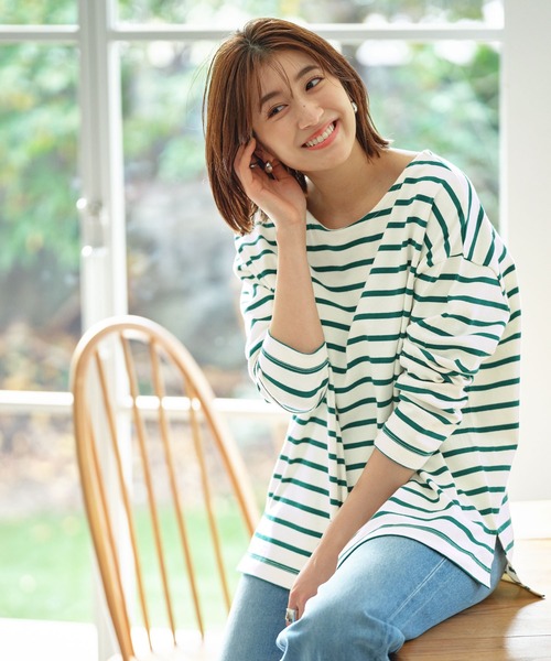 KOBE LETTUCE(コウベレタス)の「ボーダー柄・無地シンプルカットソーオーバーサイズバスクシャツ(Tシャツ/カットソー)」|グリーン系その他