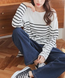 KOBE LETTUCE | コットン100%ゆったりボーダーチュニックカットソーロンT(Tシャツ/カットソー)