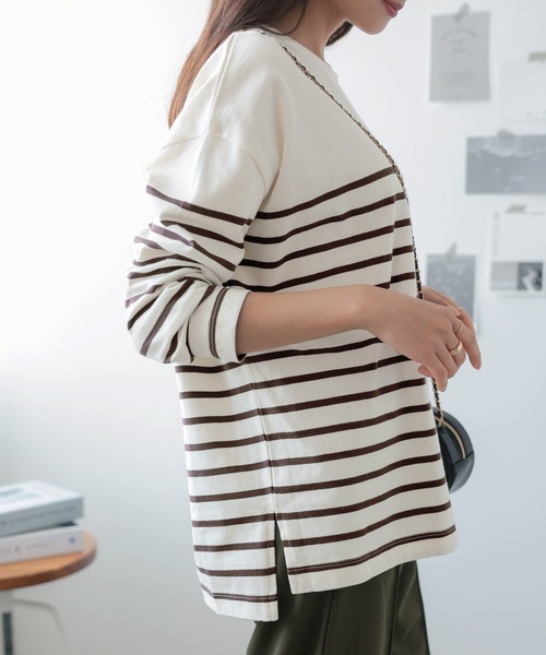 KOBE LETTUCE(コウベレタス)の「コットン100%ゆったりボーダーチュニックカットソーロンT(Tシャツ/カットソー・レディース・ホワイト系その他5/グレー系その他2/ブラウン系その他2/ホワイト系その他2/ホワイト系その他3/ホワイト系その他4/ホワイト×ネイビー/ホワイト×パープル/グレイッシュベージュ/ブラック系その他/グレー系その他/ブラウン系その他/ホワイト×ブラック/ブラック×ホワイト/ホワイト系その他/その他/マスタード/その他1/ブラック/アイボリー/ベージュ系その他4/ブルー系その他/グレー系その他4/ベージュ系その他2/グリーン系その他2/ブルー系その他2/グレー系その他3/ベージュ系その他5/ベージュ系その他3/コーラル/グリーン系その他/ミント/ダークグリーン/オリーブ/ブルー系その他3/ブラウン系その他4/ブラウン系その他3/ブルー系その他4/ピンク系その他/オフホワイト/グリーン系その他4/グリーン系その他3/ピンク系その他2/ベージュ系その他7/ベージュ系その他6/ネイビー系/ネイビー系1/グリーン系その他5/グリーン系その他6/ブラック系その他3/ブラック系その他4/グレー系その他5/ブラウン系その他6/グレー×ホワイト/ブラウン系その他5・M/L)」の10枚目の写真