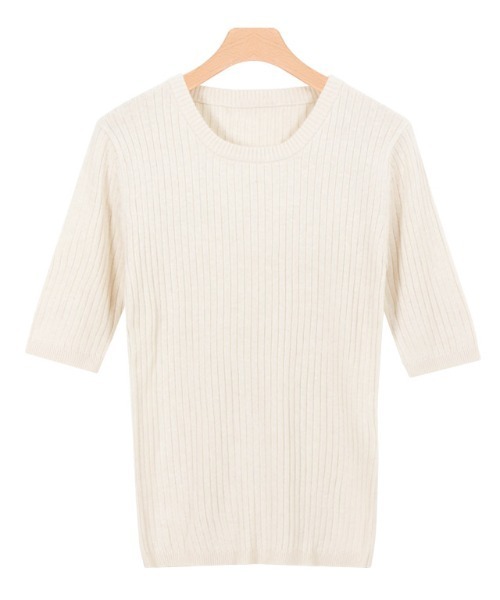 Pierrot（ピエロ）の「選べるネック綿混半袖リブニット（ニット/セーター・レディース・ブルー系その他2/シルバーグレー/ライトベージュ/ホワイト系その他/ブラック/ピンク系その他2/ブラック系その他/ブルー系その他/グレイッシュベージュ/パープル系その他/グレー系その他/ベージュ系その他/アイボリー/ラベンダー/ピンク系その他/ベージュ系その他2/イエロー/ブルー系/アクア/イエロー系その他/ピンク系その他3/ピンク系その他4・L/M）」の3枚目の写真