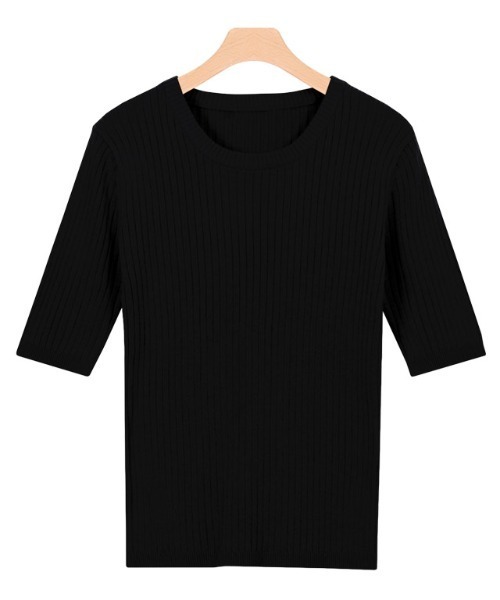 Pierrot（ピエロ）の「選べるネック綿混半袖リブニット（ニット/セーター・レディース・ブルー系その他2/シルバーグレー/ライトベージュ/ホワイト系その他/ブラック/ピンク系その他2/ブラック系その他/ブルー系その他/グレイッシュベージュ/パープル系その他/グレー系その他/ベージュ系その他/アイボリー/ラベンダー/ピンク系その他/ベージュ系その他2/イエロー/ブルー系/アクア/イエロー系その他/ピンク系その他3/ピンク系その他4・L/M）」の5枚目の写真