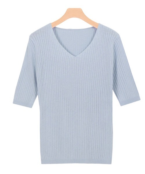 Pierrot（ピエロ）の「選べるネック綿混半袖リブニット（ニット/セーター・レディース・ブルー系その他2/シルバーグレー/ライトベージュ/ホワイト系その他/ブラック/ピンク系その他2/ブラック系その他/ブルー系その他/グレイッシュベージュ/パープル系その他/グレー系その他/ベージュ系その他/アイボリー/ラベンダー/ピンク系その他/ベージュ系その他2/イエロー/ブルー系/アクア/イエロー系その他/ピンク系その他3/ピンク系その他4・L/M）」の14枚目の写真