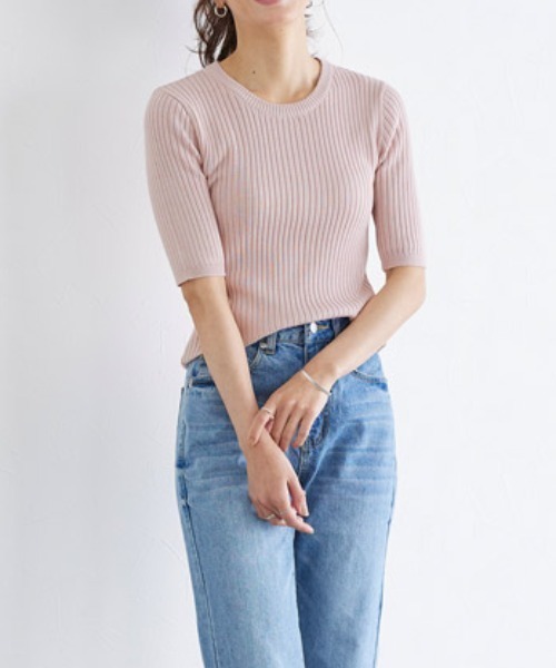 Pierrot（ピエロ）の「選べるネック綿混半袖リブニット（ニット/セーター・レディース・ブルー系その他2/シルバーグレー/ライトベージュ/ホワイト系その他/ブラック/ピンク系その他2/ブラック系その他/ブルー系その他/グレイッシュベージュ/パープル系その他/グレー系その他/ベージュ系その他/アイボリー/ラベンダー/ピンク系その他/ベージュ系その他2/イエロー/ブルー系/アクア/イエロー系その他/ピンク系その他3/ピンク系その他4・L/M）」の20枚目の写真