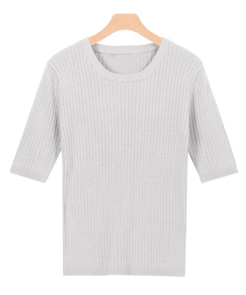 Pierrot（ピエロ）の「選べるネック綿混半袖リブニット（ニット/セーター・レディース・ブルー系その他2/シルバーグレー/ライトベージュ/ホワイト系その他/ブラック/ピンク系その他2/ブラック系その他/ブルー系その他/グレイッシュベージュ/パープル系その他/グレー系その他/ベージュ系その他/アイボリー/ラベンダー/ピンク系その他/ベージュ系その他2/イエロー/ブルー系/アクア/イエロー系その他/ピンク系その他3/ピンク系その他4・L/M）」の6枚目の写真