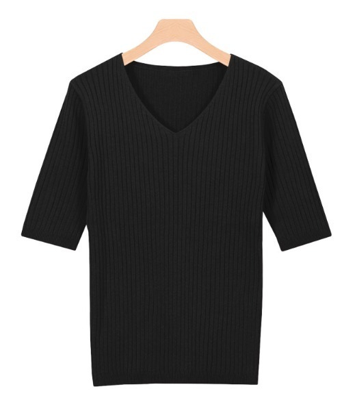 Pierrot（ピエロ）の「選べるネック綿混半袖リブニット（ニット/セーター・レディース・ブルー系その他2/シルバーグレー/ライトベージュ/ホワイト系その他/ブラック/ピンク系その他2/ブラック系その他/ブルー系その他/グレイッシュベージュ/パープル系その他/グレー系その他/ベージュ系その他/アイボリー/ラベンダー/ピンク系その他/ベージュ系その他2/イエロー/ブルー系/アクア/イエロー系その他/ピンク系その他3/ピンク系その他4・L/M）」の4枚目の写真