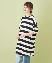 CUBE SUGAR（キューブシュガー）の「WEB限定 ボーダー 6分袖 ドルマンスリーブ チュニック（Tシャツ/カットソー）」