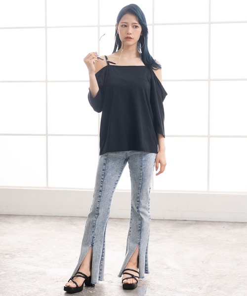 Newlyme(ニューリーミー)の「オーバーサイズキャミTシャツ(Tシャツ/カットソー・レディース・ホワイト/オレンジ/ブラック×ホワイト/グリーン/ブラック/ブルー・MEDIUM/X-LARGE/LARGE)」の7枚目の写真