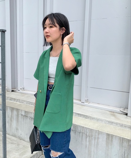 WHO'S WHO gallery（フーズフーギャラリー）の「シェパードチェックジャケット（テーラードジャケット・レディース・オレンジ/グリーン・FREE）」の10枚目の写真