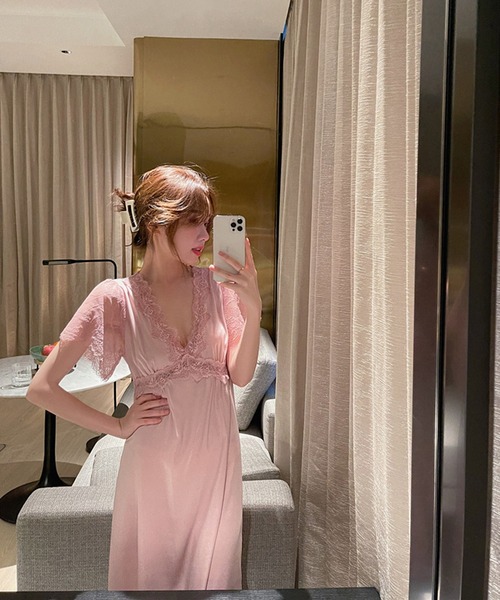 Jasmine Grandiflorum（ジャスミングランディフローラム）の「ロング丈ワンピースルームウェアランジェリー　ベビードール（ルームワンピース・レディース・ピンク/モカ/ワイン・MEDIUM/LARGE）」の15枚目の写真