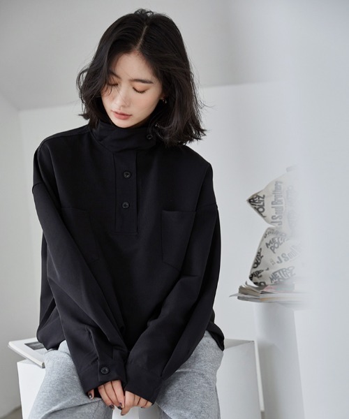 MANGROVE（マングローブ）の「スタンドカラーハーフボタンシャツ（シャツ/ブラウス・レディース・アイボリー/ブラック・FREE）」の6枚目の写真