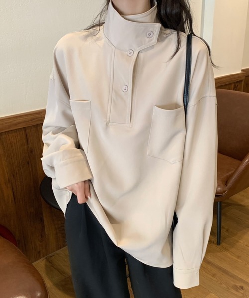 MANGROVE（マングローブ）の「スタンドカラーハーフボタンシャツ（シャツ/ブラウス・レディース・アイボリー/ブラック・FREE）」の5枚目の写真