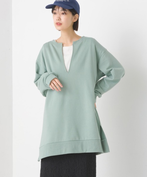 OMNES（オムネス）の「裏毛深Vネックオーバーサイズチュニックアンサンブル（アンサンブル・レディース・ブラック/ベージュ/ミント/グレイッシュベージュ・FREE）」の4枚目の写真