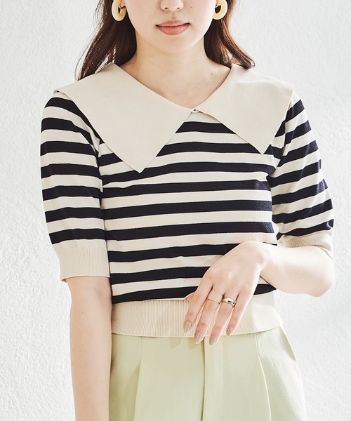 acro（アクロ）の「5分袖ボーダービックカラーニット/AC1459（ニット/セーター・レディース・ブラック系その他・ﾌﾘ-）」の2枚目の写真