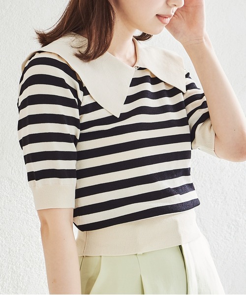 acro（アクロ）の「5分袖ボーダービックカラーニット/AC1459（ニット/セーター・レディース・ブラック系その他・ﾌﾘ-）」の3枚目の写真