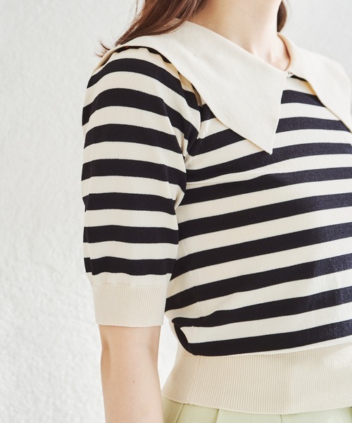 acro（アクロ）の「5分袖ボーダービックカラーニット/AC1459（ニット/セーター・レディース・ブラック系その他・ﾌﾘ-）」の6枚目の写真