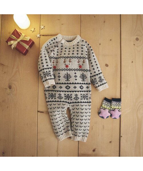 BREEZE（ブリーズ）の「ノルディックニットカバーオール（ロンパース・キッズ・グリーン/アイボリー/エメラルド・70/80）」の4枚目の写真