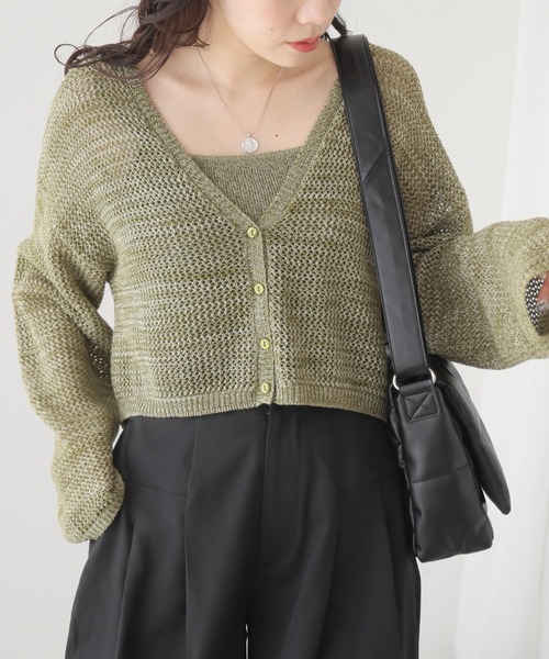 RAY CASSIN（レイカズン）の「メランジメッシュカーデ＋リブニットキャミset（カーディガン/ボレロ・レディース・チャコールグレー/グリーン/ベージュ・FREE）」の9枚目の写真