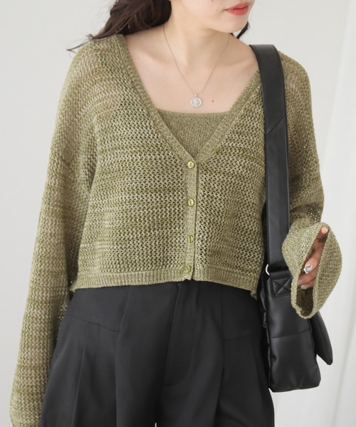 RAY CASSIN（レイカズン）の「メランジメッシュカーデ＋リブニットキャミset（カーディガン/ボレロ・レディース・チャコールグレー/グリーン/ベージュ・FREE）」の8枚目の写真