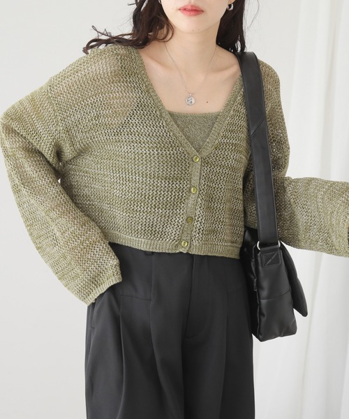 RAY CASSIN（レイカズン）の「メランジメッシュカーデ＋リブニットキャミset（カーディガン/ボレロ・レディース・チャコールグレー/グリーン/ベージュ・FREE）」の7枚目の写真