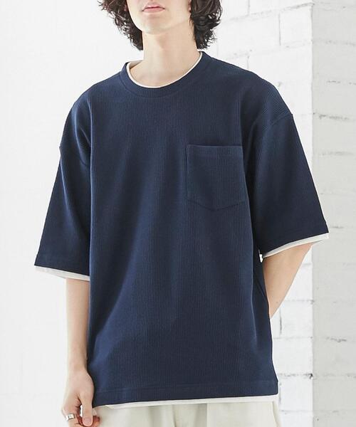coen（コーエン）の「ワッフルフェイクレイヤードTシャツ（Tシャツ/カットソー・メンズ・ネイビー/グレー/マスタード・S/M/L/XL）」の3枚目の写真