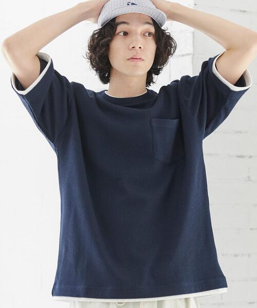 coen（コーエン）の「ワッフルフェイクレイヤードTシャツ（Tシャツ/カットソー・メンズ・ネイビー/グレー/マスタード・S/M/L/XL）」の7枚目の写真