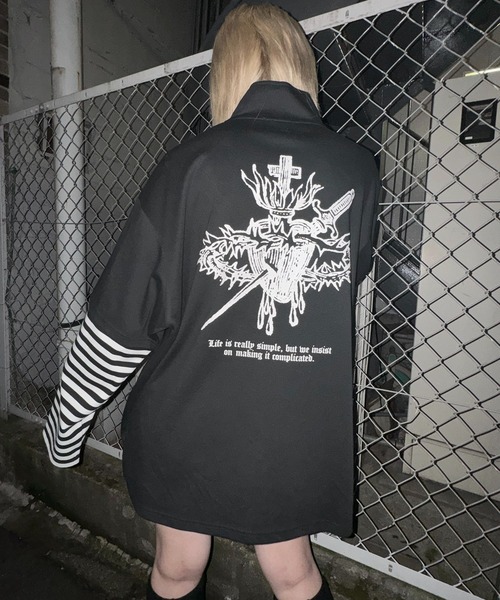 【MAROCORE SELECT】袖プリントフェイクレイヤードハーフジップロンT MAROCORE tシャツ ボーダー / トライバルファイヤー 袖プリント