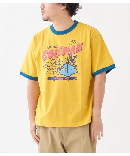 RUGGEDWORKS(ラゲッドワークス)の「Coleman【コールマン】ユニセックス Campfield view Ringer/Tshirt(Tシャツ/カットソー・メンズ・ホワイト/ネイビー/イエロー・M/L/XL)」の1枚目の写真