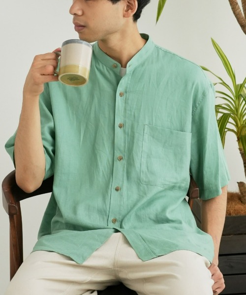 CIAOPANIC TYPY（チャオパニックティピー）の「ウォッシャブルリネンバンドカラー半袖シャツ（シャツ/ブラウス・メンズ・チャコールグレー/グリーン/ベージュ系その他/サーモンピンク/ネイビー/サックスブルー/オレンジ/ブルー・MEDIUM/LARGE）」の4枚目の写真