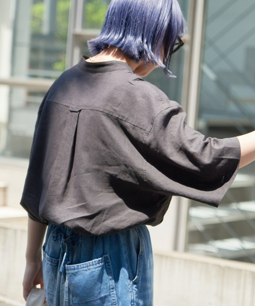 CIAOPANIC TYPY（チャオパニックティピー）の「ウォッシャブルリネンバンドカラー半袖シャツ（シャツ/ブラウス・メンズ・チャコールグレー/グリーン/ベージュ系その他/サーモンピンク/ネイビー/サックスブルー/オレンジ/ブルー・MEDIUM/LARGE）」の9枚目の写真