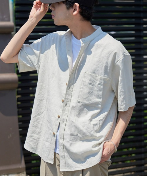 CIAOPANIC TYPY（チャオパニックティピー）の「ウォッシャブルリネンバンドカラー半袖シャツ（シャツ/ブラウス・メンズ・チャコールグレー/グリーン/ベージュ系その他/サーモンピンク/ネイビー/サックスブルー/オレンジ/ブルー・MEDIUM/LARGE）」の10枚目の写真