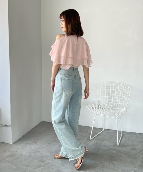 tシャツ 2wayショルダーシアーブラウス/ブラック レディース セール】2wayショルダーフリルシアーブラウス（シャツ/ブラウス