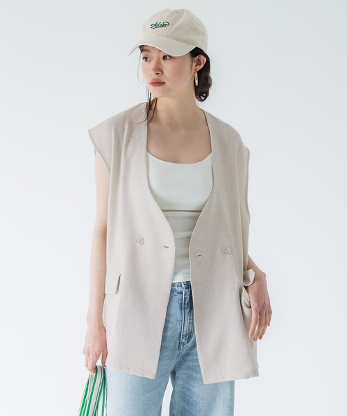 日本製 麻調の表情と清涼感 カットソーの美ドレープトッパーベスト[K](T) 洗える】ピンヘッドストレッチセットアップ（テーラード