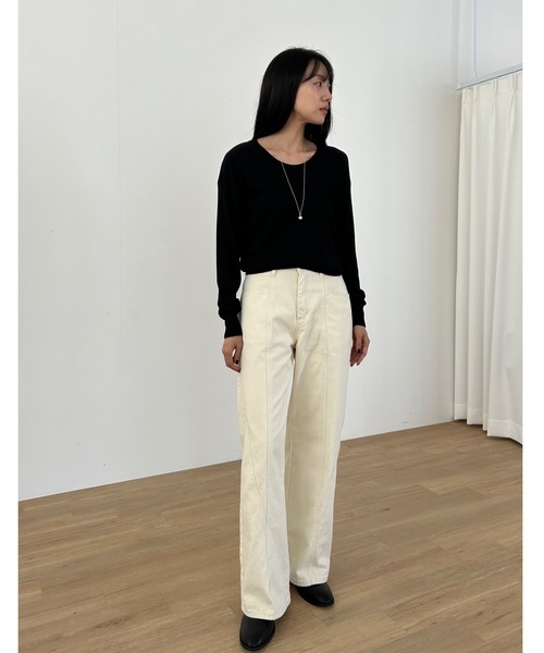 Didot.showroom(ディドット ショールーム)の「ラウンドUネックシアーニット(ニット/セーター・レディース・ホワイト/ベージュ/ブルー/クリーム/ブラック・FREE)」の6枚目の写真