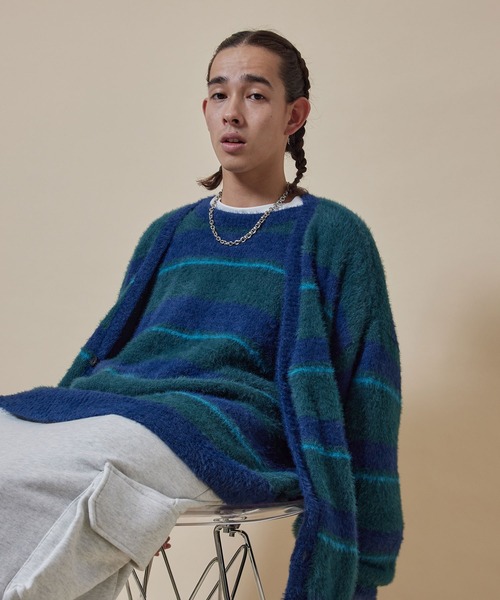 re_k by JUNRED（レクバイジュンレッド）の「re_k by JUNRED / シャギーボーダールーズニットカーディガン（カーディガン/ボレロ・メンズ・グリーン/ブルー/キャメル・L/M/S）」の7枚目の写真