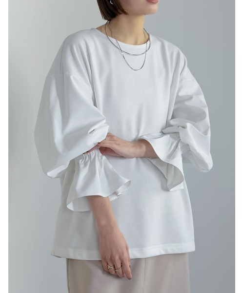 Re:EDIT(リエディ)の「異素材切り替えキャンディースリーブ裏毛トップス(スウェット・レディース・ブラック/ホワイト・MEDIUM/LARGE)」の1枚目の写真