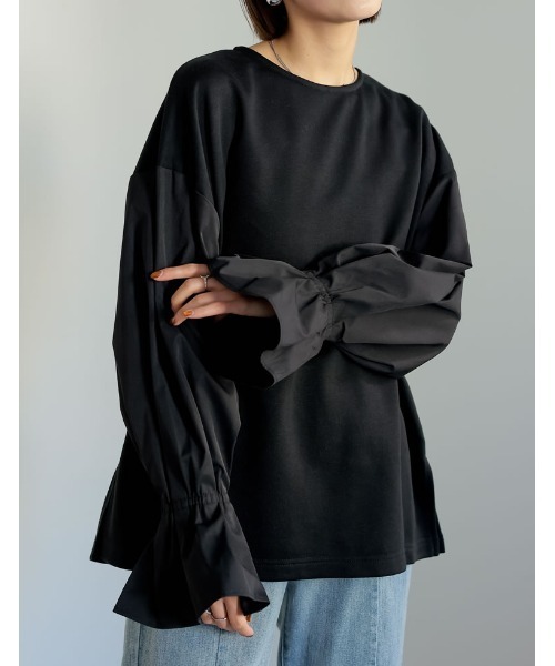 Re:EDIT(リエディ)の「異素材切り替えキャンディースリーブ裏毛トップス(スウェット・レディース・ブラック/ホワイト・MEDIUM/LARGE)」の10枚目の写真