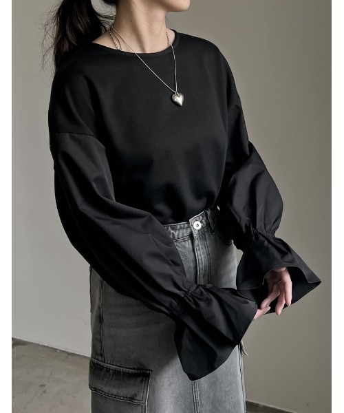 Re:EDIT(リエディ)の「異素材切り替えキャンディースリーブ裏毛トップス(スウェット・レディース・ブラック/ホワイト・MEDIUM/LARGE)」の16枚目の写真