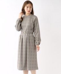 index | ベルト付き チェックジャージワンピース【洗濯機洗い可】(ワンピース)