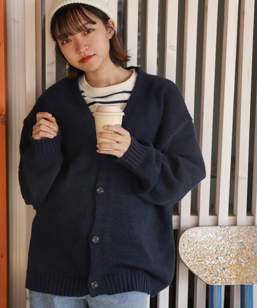 ZIP FIVE(ジップファイブ)の「モヘアライク ボリューム袖 ビックサイズ ニットカーディガン(カーディガン/ボレロ・レディース・ネイビー/カーキ/ブルー/ブラック・MEDIUM/LARGE)」の4枚目の写真