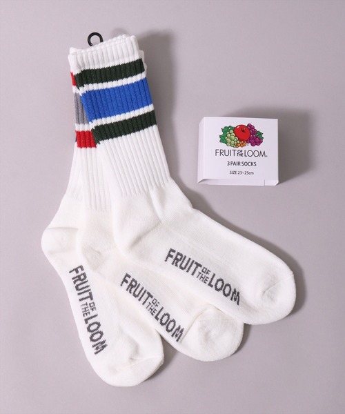 FRUIT OF THE LOOM（フルーツオブザルーム）の「(GA)【FRUIT OF THE LOOM】【3足セット】ライン ボーダー クルーソックス（ソックス/靴下・メンズ・ホワイト系・23-25cm/25-27CM）」の2枚目の写真