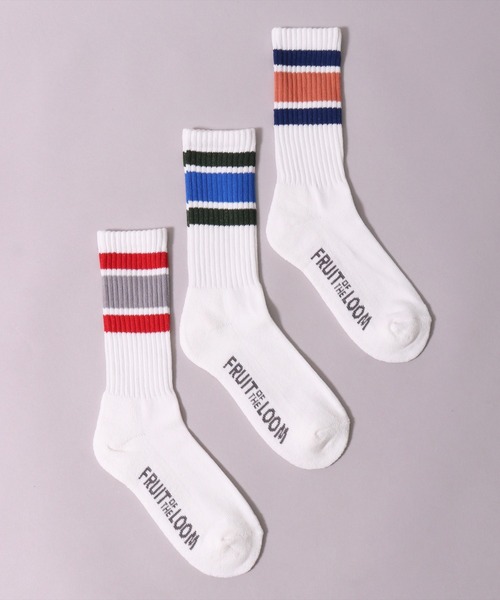 FRUIT OF THE LOOM（フルーツオブザルーム）の「(GA)【FRUIT OF THE LOOM】【3足セット】ライン ボーダー クルーソックス（ソックス/靴下・メンズ・ホワイト系・23-25cm/25-27CM）」の3枚目の写真