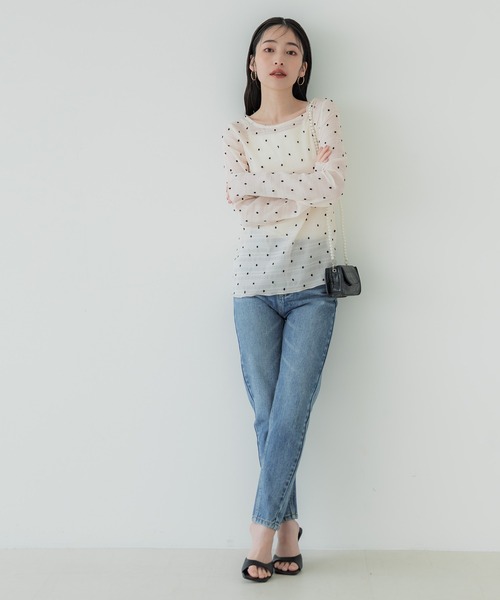 tシャツ シアードットカットソー レディース tシャツ シアー ドット ジャガード 長袖 トップス レディース