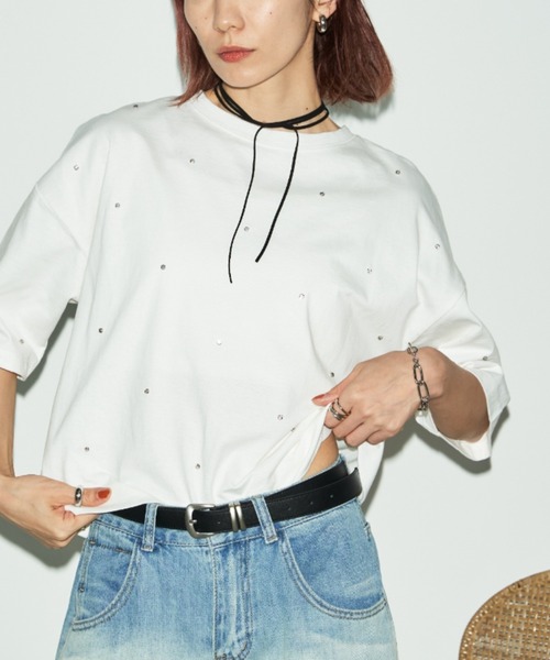 Auntie Rosa Holiday（アンティローザホリデー）の「ビジュークロップドルーズTEE（Tシャツ/カットソー・レディース・チャコールグレー/オフホワイト・FREE）」の2枚目の写真