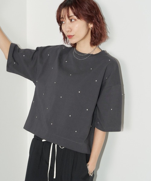 Auntie Rosa Holiday（アンティローザホリデー）の「ビジュークロップドルーズTEE（Tシャツ/カットソー・レディース・チャコールグレー/オフホワイト・FREE）」の6枚目の写真