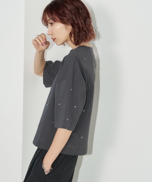 Auntie Rosa Holiday（アンティローザホリデー）の「ビジュークロップドルーズTEE（Tシャツ/カットソー・レディース・チャコールグレー/オフホワイト・FREE）」の8枚目の写真